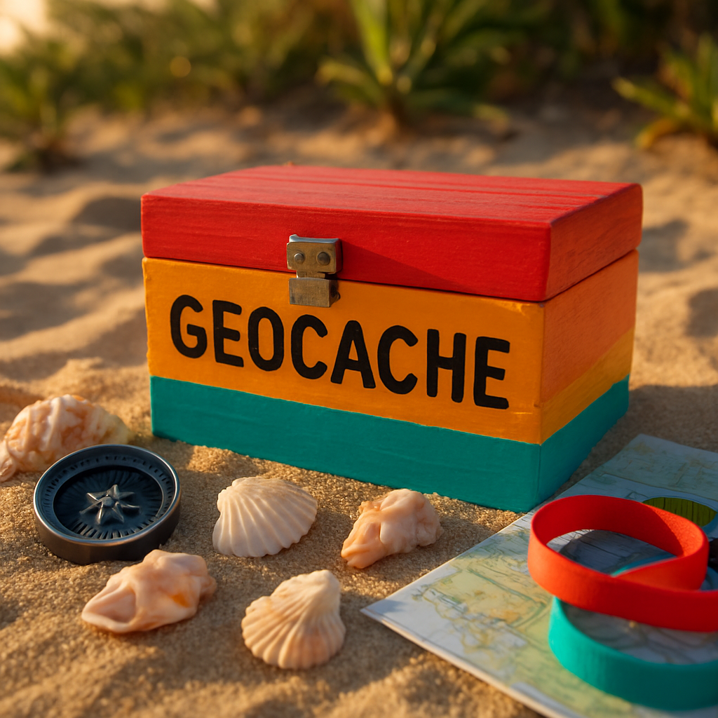Geocache box with compass and map on a Sunshine Coast beach