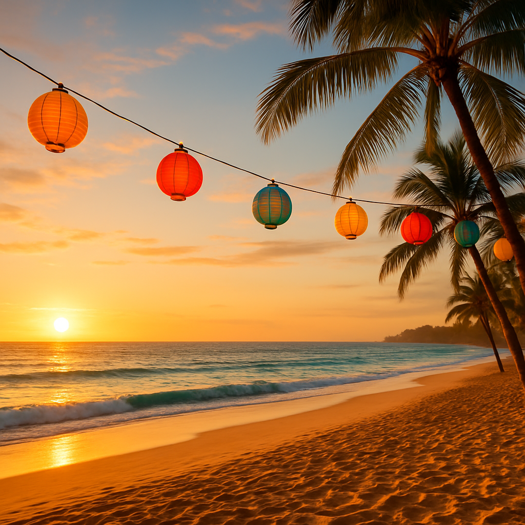 Panoramic Sunshine Coast beach at sunset with tropical party lanterns