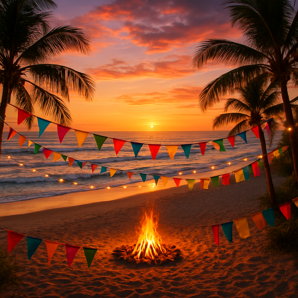 Sunshine Coast beach party scene at golden hour with palm trees and festive decorations