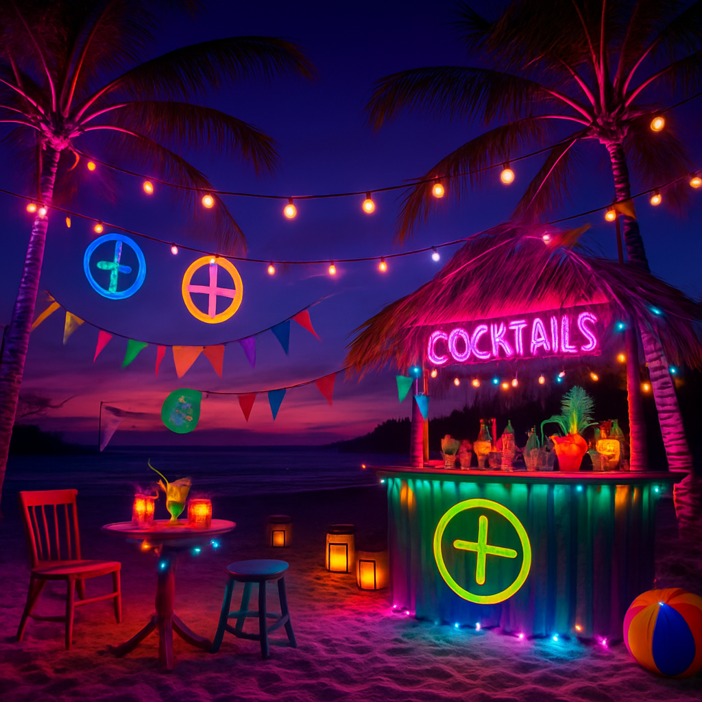 Vibrant outdoor after-party on Sunshine Coast beach at twilight with festive lights