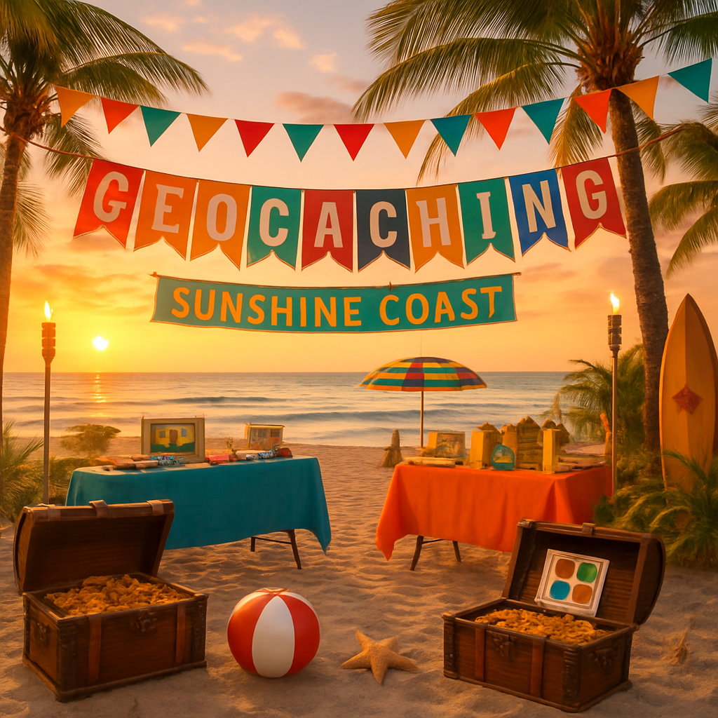 Festive geocaching-themed beach block party with decorations and tropical atmosphere on the Sunshine Coast