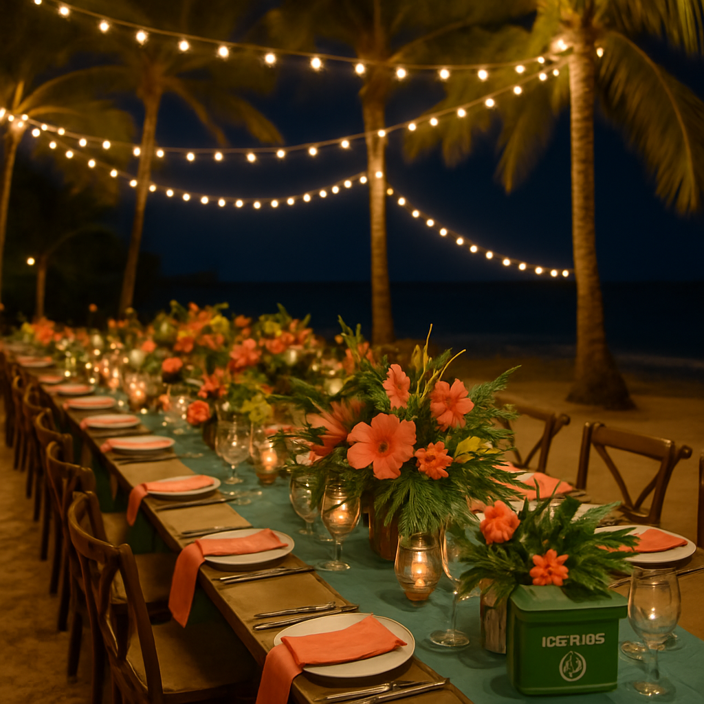 Elegant outdoor tropical dinner party setting with fairy lights and geocaching-themed decorations