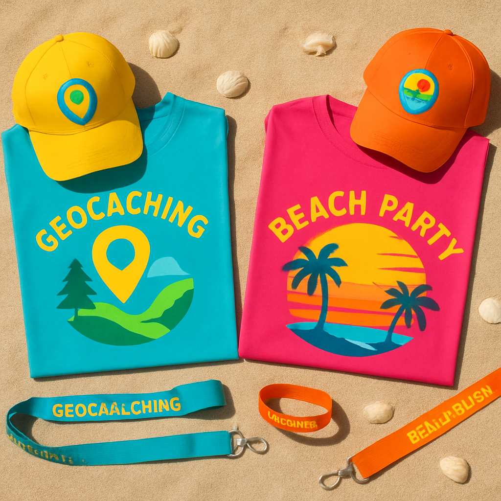 Flat lay of colourful SCBP25 branded event merchandise including T-shirts and accessories